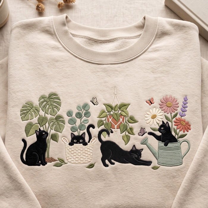 Black Cats Botanical Plants Watering Can Flowers Embroidered Sweatshirt