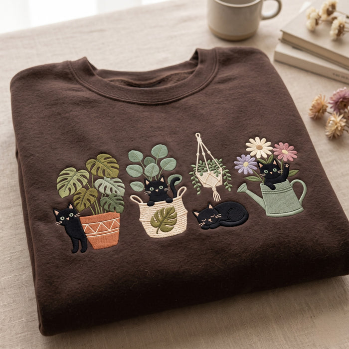 Black Cats Houseplants Monstera Macrame Watering Can Botanical Embroidered Sweatshirt