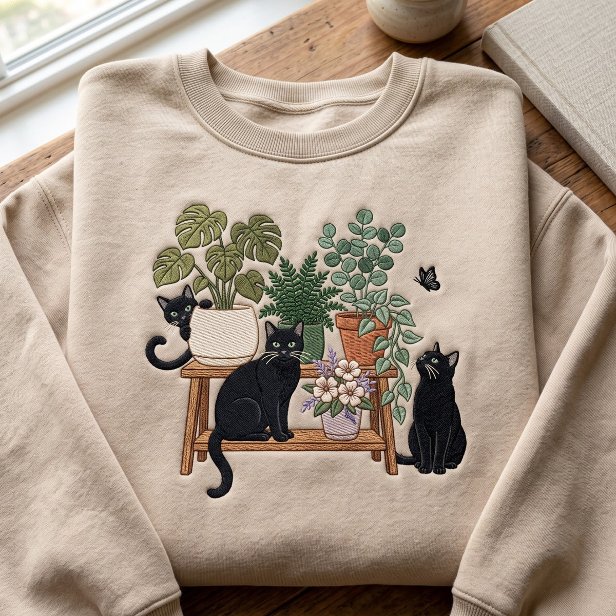 Black Cats Indoor Plants Bench Botanical Garden embroidered sweatshirt — front view