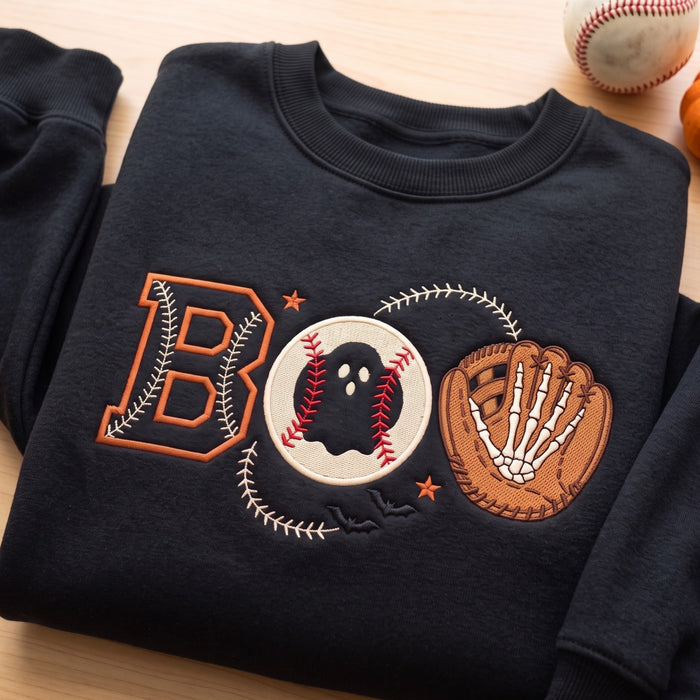 Halloween Baseball Boo Ghost Skeleton Hand Glove Bats Embroidered Sweatshirt