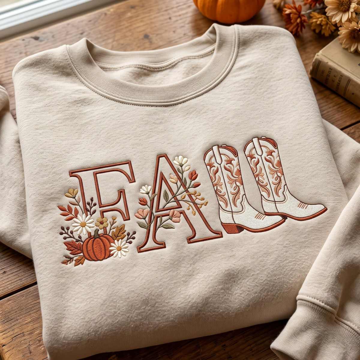Fall Cowboy Boots Floral Pumpkin Wildflower Letters embroidered sweatshirt — front view
