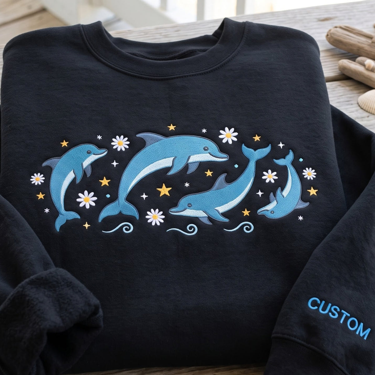 Personalized Dolphins Daisy Flowers Stars Ocean Waves embroidered sweatshirt — front view