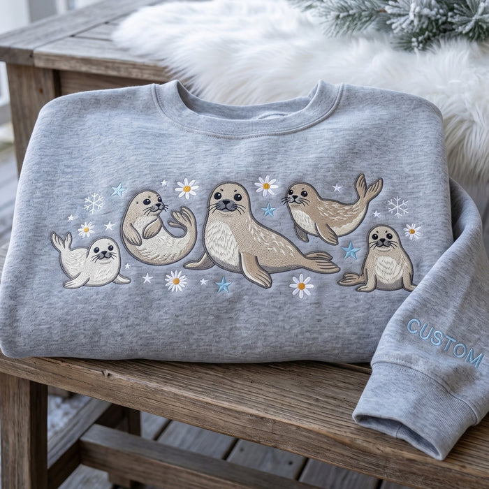 Personalized Cute Baby Seals Snowflakes Daisies Stars Winter Embroidered Sweatshirt