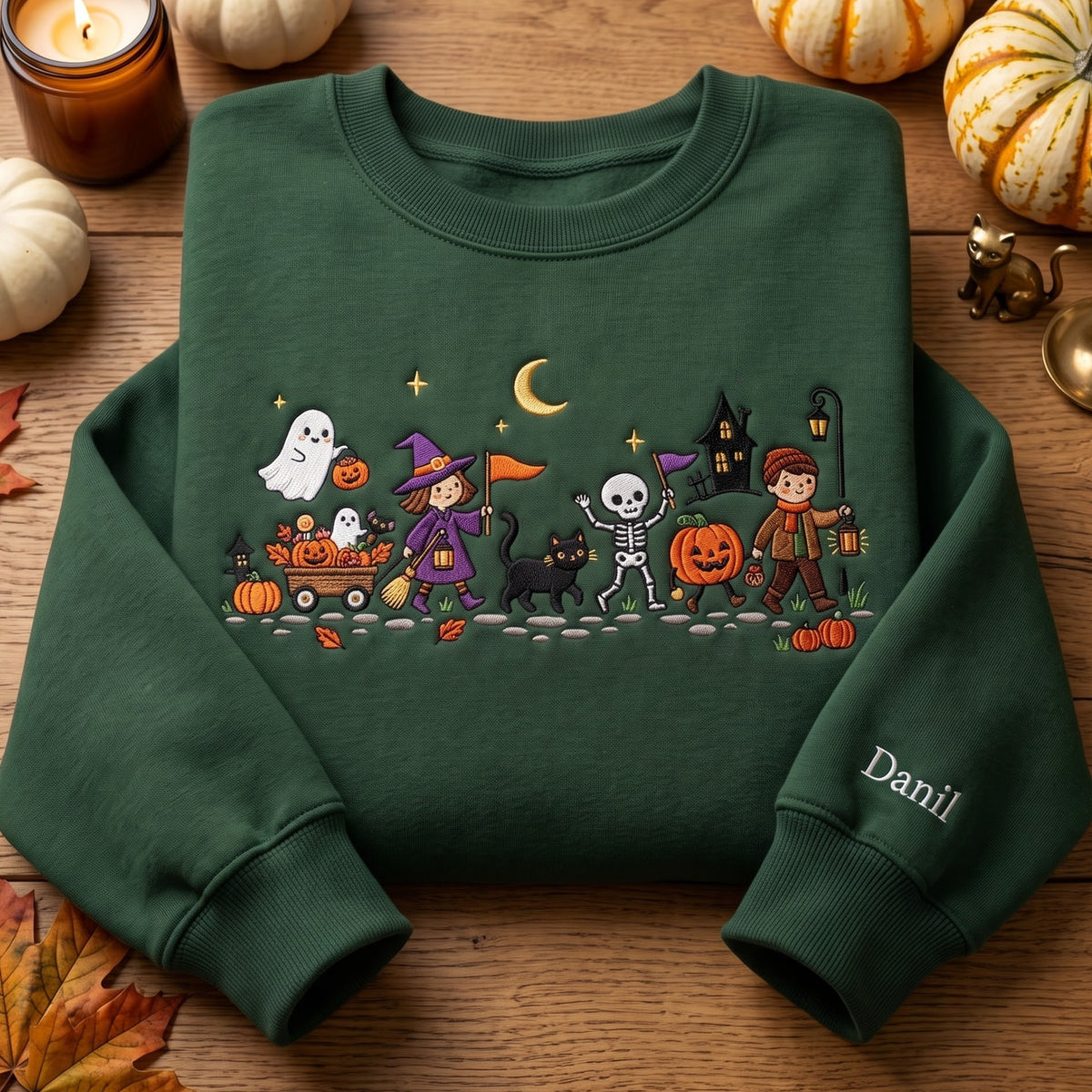 Personalized Halloween Trick or Treat Parade Ghost Witch Skeleton Kids embroidered sweatshirt — front view