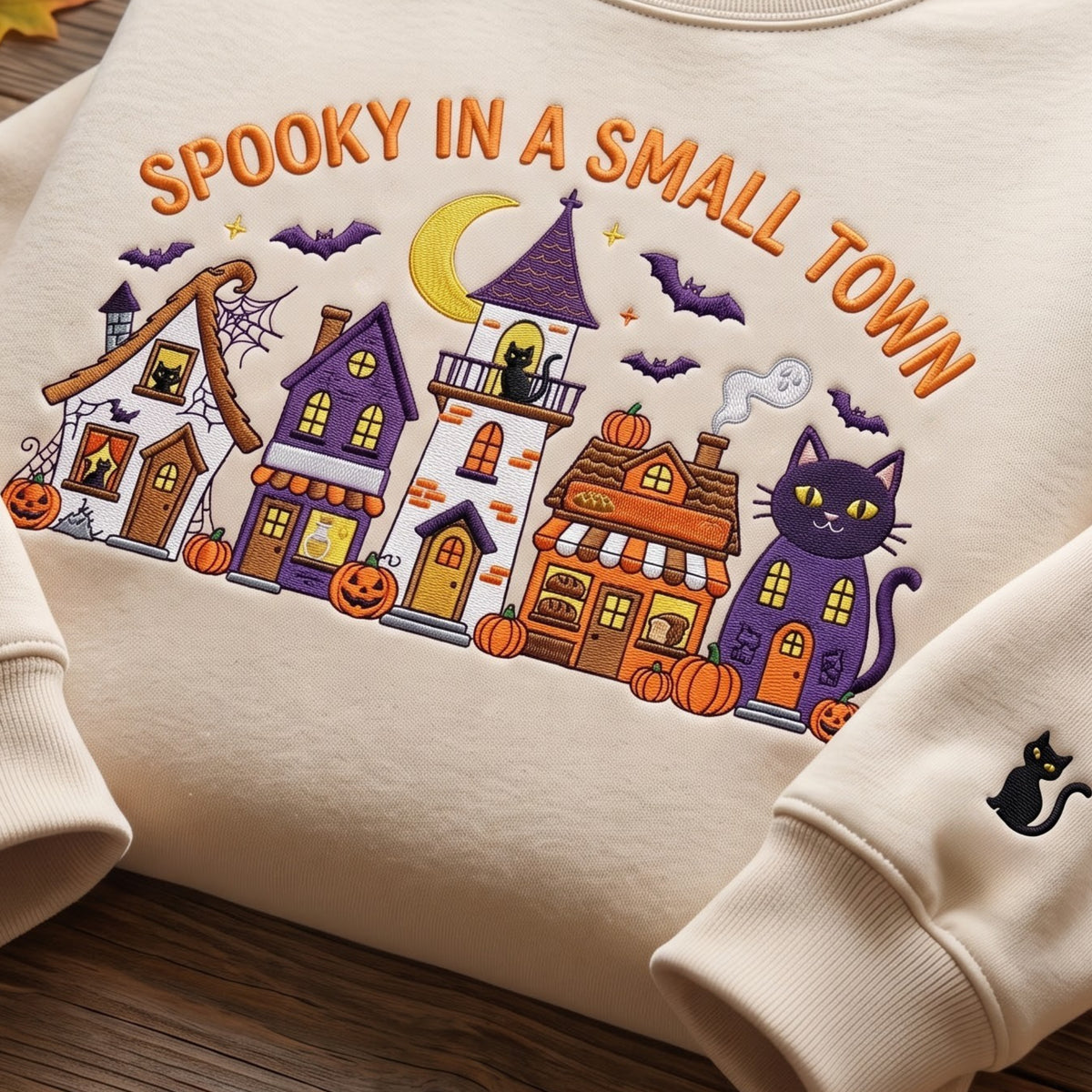 Halloween Spooky Small Town Haunted Houses Black Cats Pumpkins Bats embroidered sweatshirt — front view