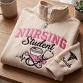 Personalized Nursing Student Coffee Cup Stethoscope Heartbeat Bow Coquette embroidered quarter-zip — front view