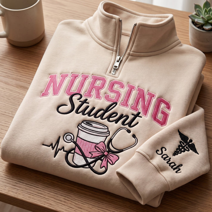 Personalized Nursing Student Coffee Cup Stethoscope Heartbeat Bow Coquette Embroidered Quarter-Zip