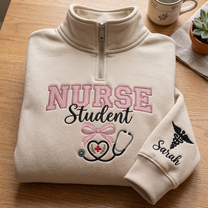 Personalized Nurse Student Bow Stethoscope Heart Cross Caduceus Sleeve Embroidered Quarter-Zip