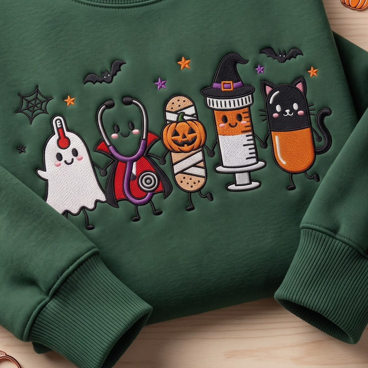 Halloween Nurse Medical Ghost Stethoscope Pumpkin Syringe Pill Cat embroidered sweatshirt — front view