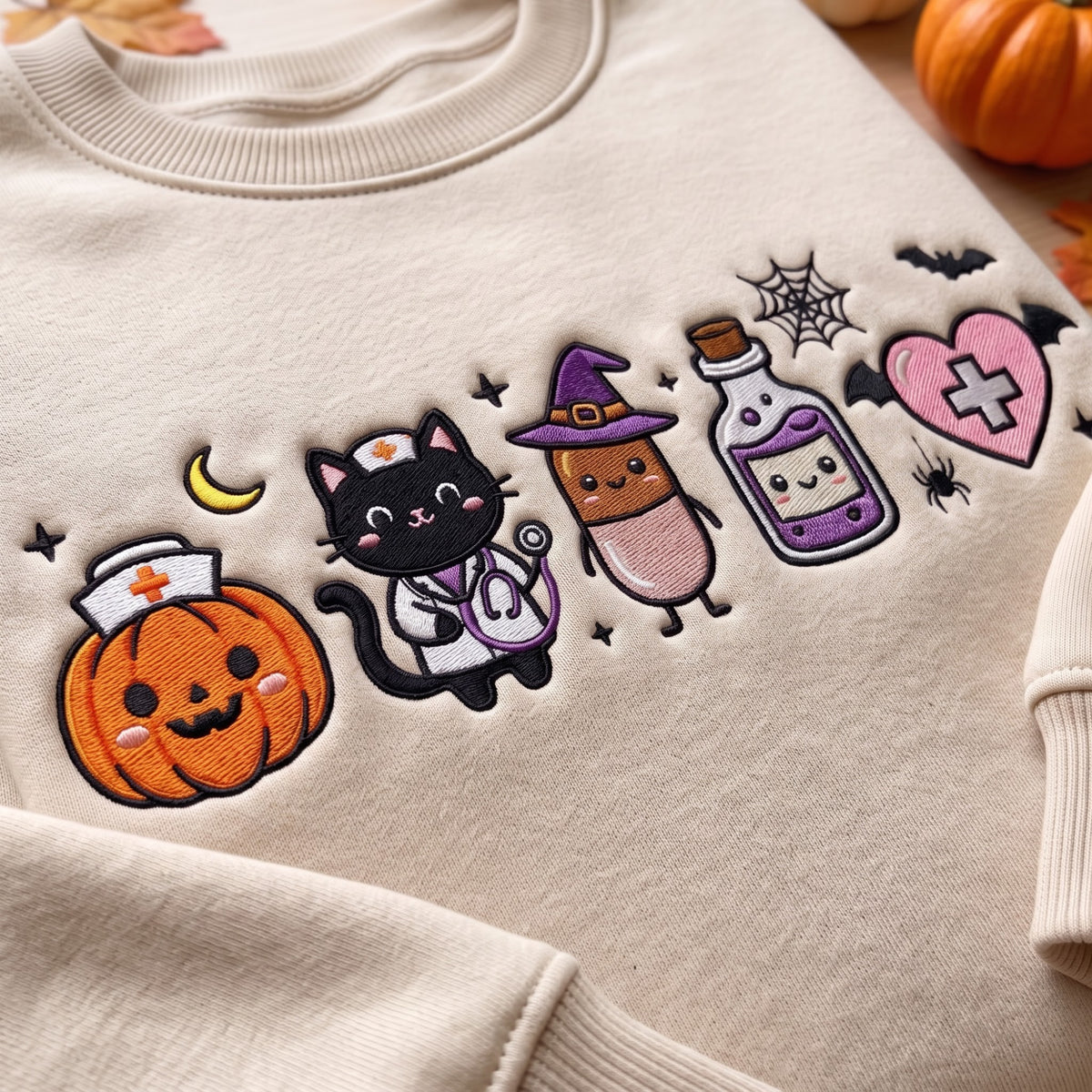 Halloween Nurse Pumpkin Black Cat Witch Pill Potion Bottle Heart embroidered sweatshirt — front view