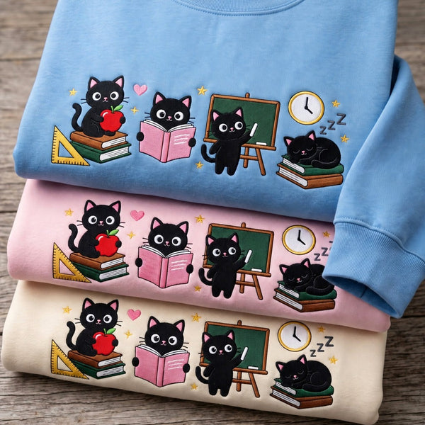 Personalized Black Cat Teacher Life Apple Chalkboard Books embroidered sweatshirt — front view