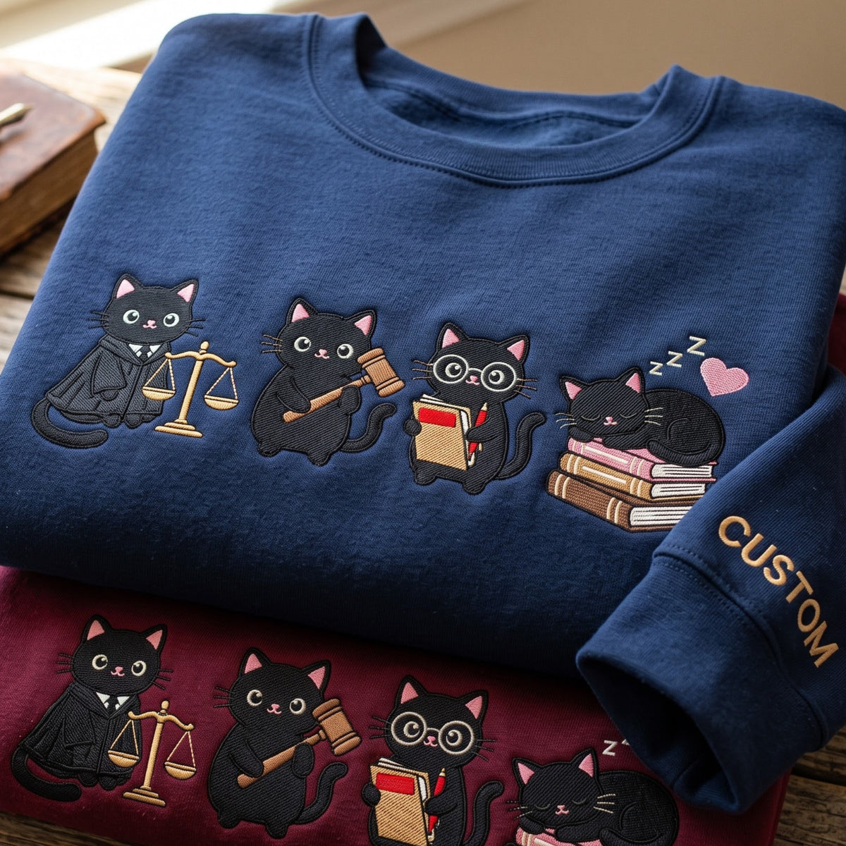 Personalized Lawyer Cat Scales Gavel Books Sleeping Four Scenes embroidered sweatshirt — front view