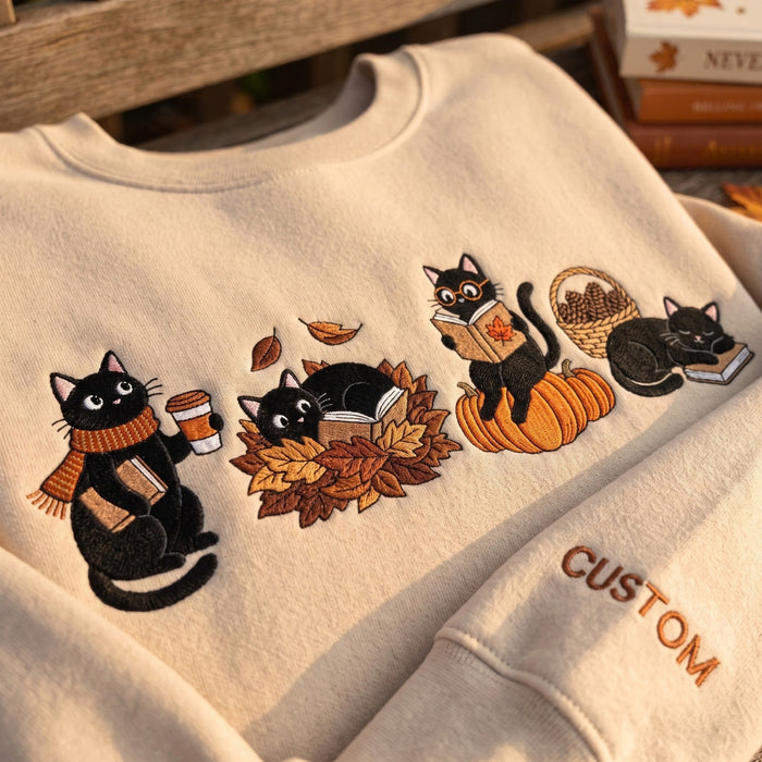 Personalized Fall Black Cats Reading Books Pumpkin Autumn Leaves Embroidered Sweatshirt