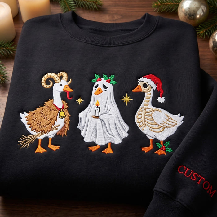 Personalized Christmas Spooky Geese Ghost Skeleton Krampus Candle Holly Santa Hat Embroidered Sweatshirt