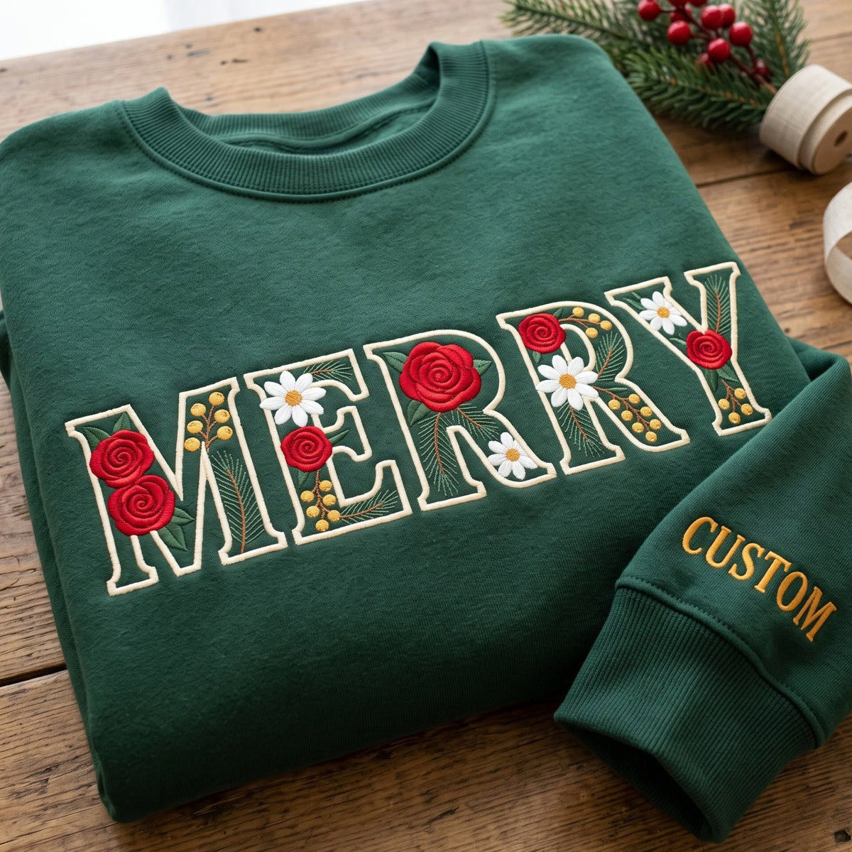 Personalized Merry Floral Letters Roses Daisies Christmas embroidered sweatshirt — front view
