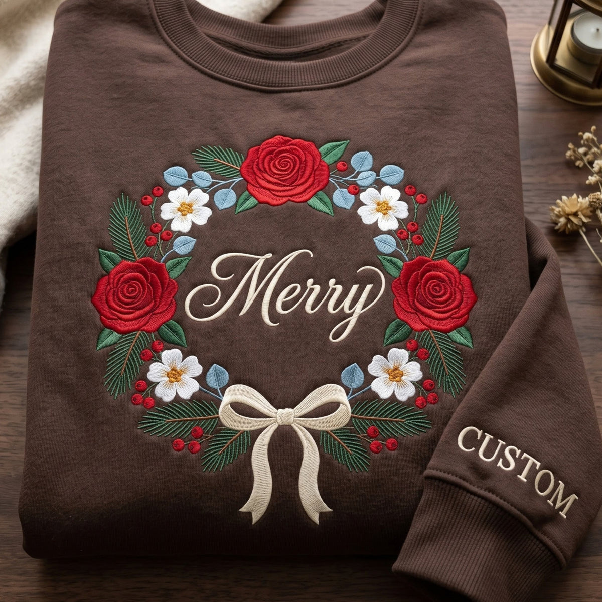 Personalized Merry Christmas Floral Rose Wreath Bow Sleeve embroidered sweatshirt — front view