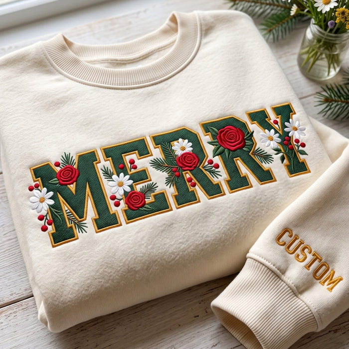 Personalized Merry Floral Letter Rose Daisy Christmas Embroidered Sweatshirt