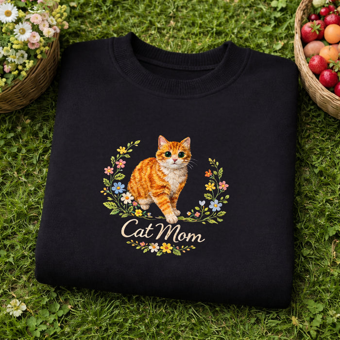 Cat Mom Orange Tabby Floral Wreath Embroidered Sweatshirt