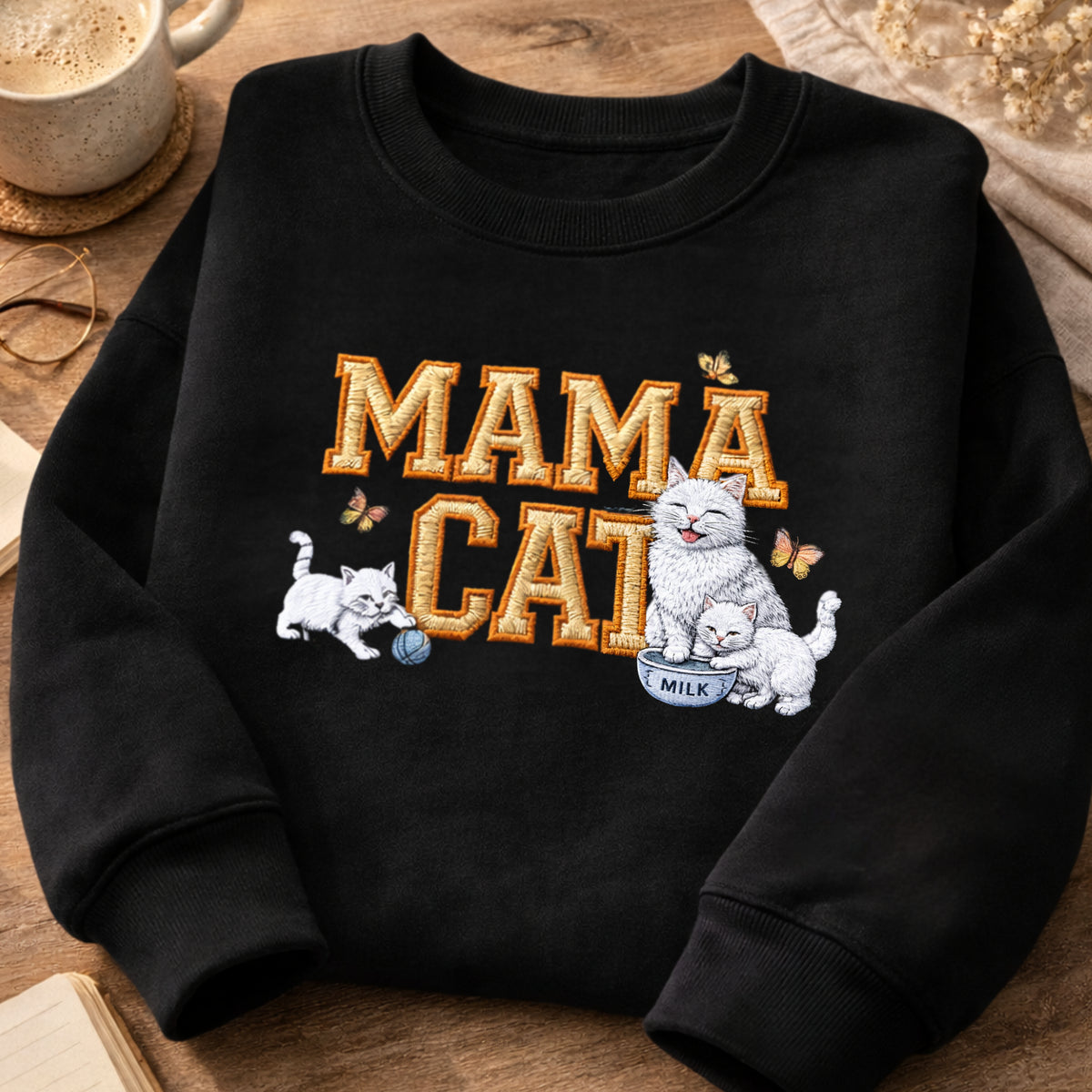 Mama Cat White Kittens Butterfly Milk Bowl embroidered sweatshirt — front view