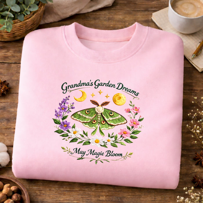 Grandma's Garden Dreams Luna Moth Floral Wreath May Magic Bloom Embroidered Sweatshirt