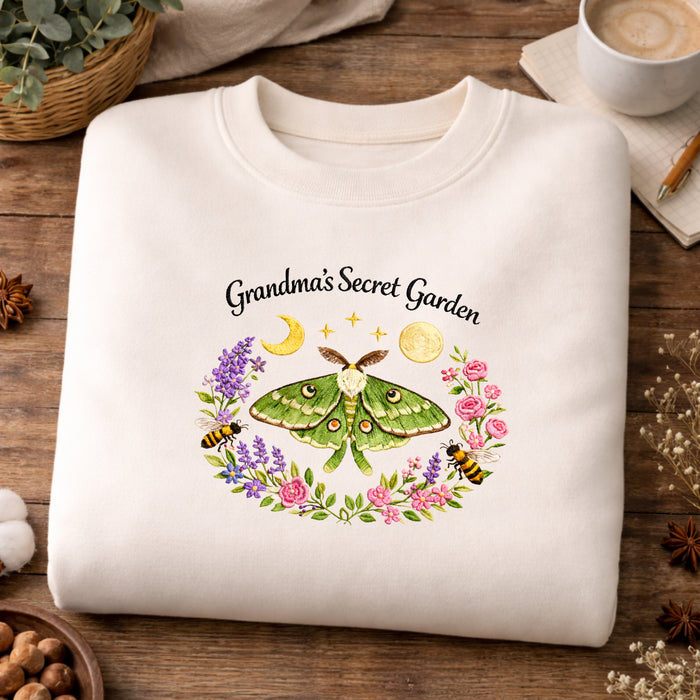 Grandma's Secret Garden Luna Moth Floral Wreath Honeybee Moon Embroidered Sweatshirt