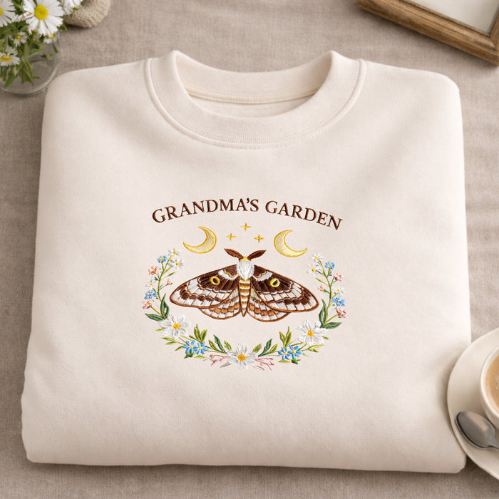 Grandma's Garden Moth Floral Wreath Moon Stars Embroidered Sweatshirt