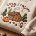 Personalized Cozy Season Log Cabin Pumpkin Pine Trees Lantern Moon embroidered sweatshirt — front view