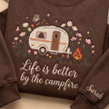 Personalized Life Is Better by the Campfire Camper Wildflowers embroidered sweatshirt — front view