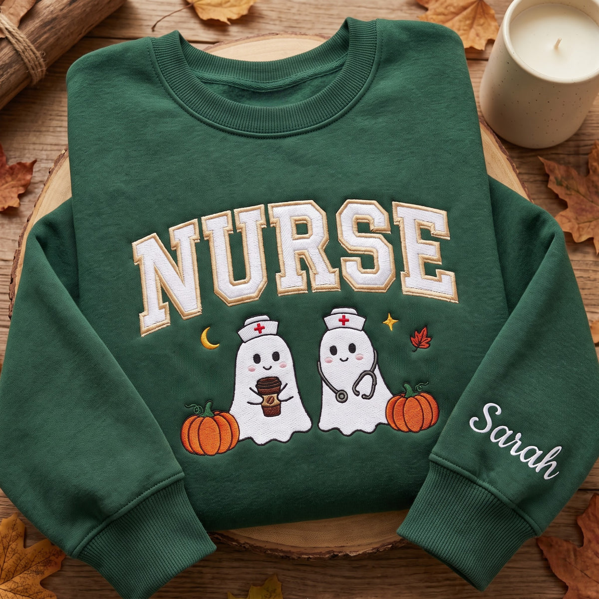 Personalized Halloween Nurse Ghost Pumpkin Coffee Stethoscope embroidered sweatshirt — front view