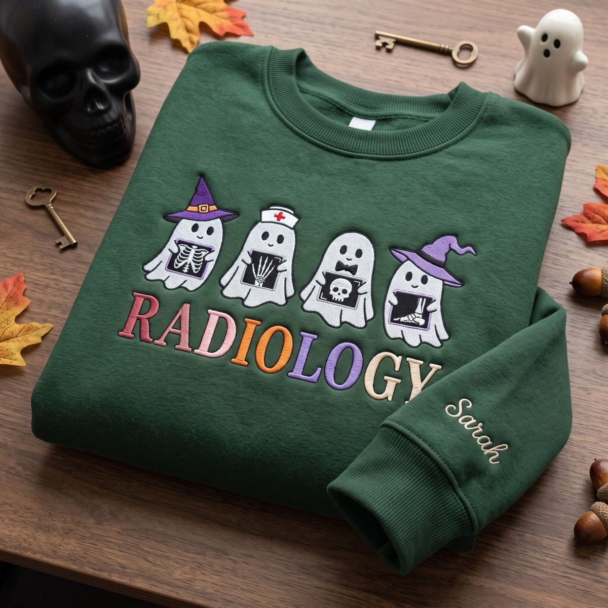 Personalized Halloween Radiology Four Ghosts Witch Hat Nurse X-Ray embroidered sweatshirt — front view
