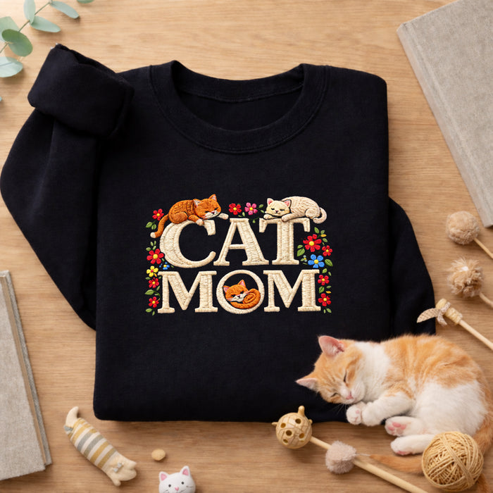 Cat Mom Floral Sleeping Cats Embroidered Sweatshirt