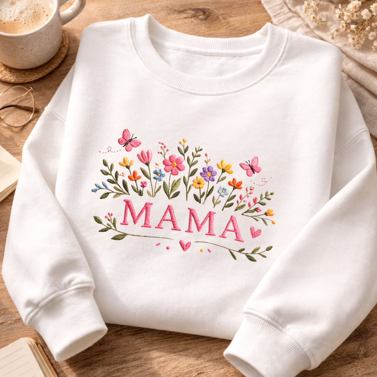 Mama Wildflower Garden Butterflies Hearts embroidered sweatshirt — front view