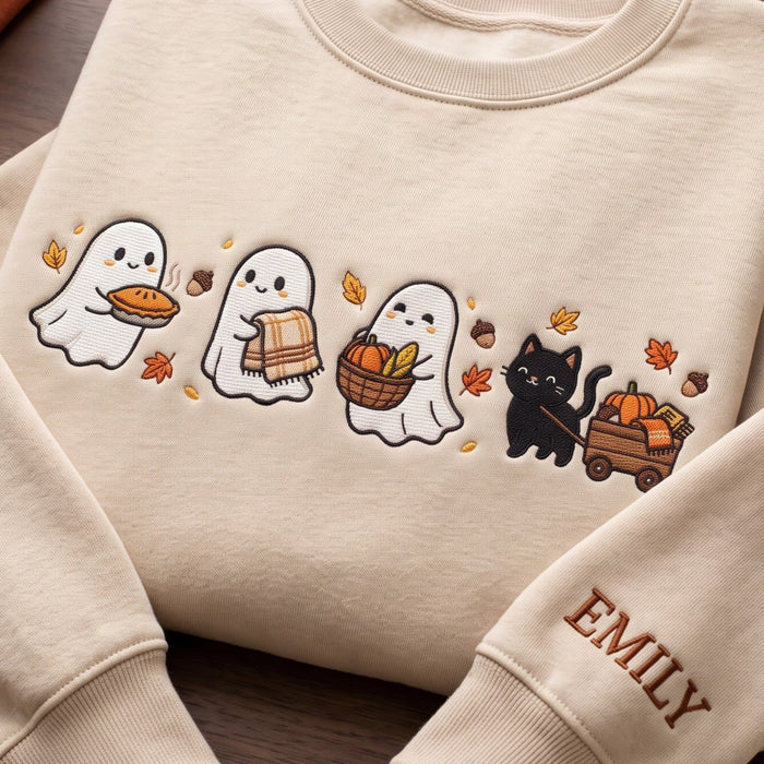 Personalized Halloween Fall Ghosts Black Cat Pumpkin Harvest Embroidered Sweatshirt