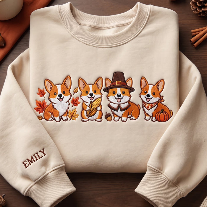 Personalized Thanksgiving Corgi Four Dogs Fall Leaves Pilgrim Hat Pumpkin Embroidered Sweatshirt