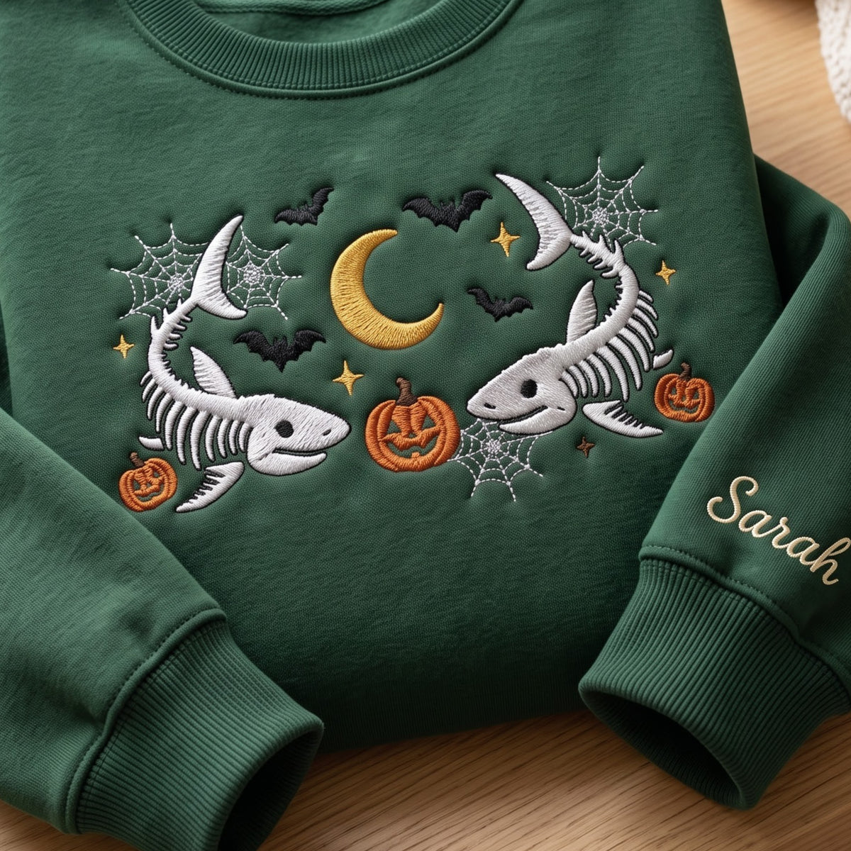 Personalized Halloween Skeleton Shark Pumpkin Bat Spider Web Moon embroidered sweatshirt — front view