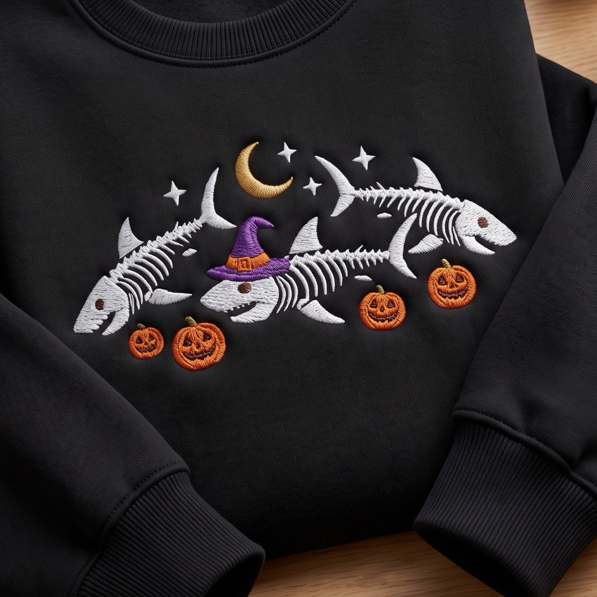 Halloween Skeleton Shark Trio Witch Hat Pumpkins Moon Stars embroidered sweatshirt — front view