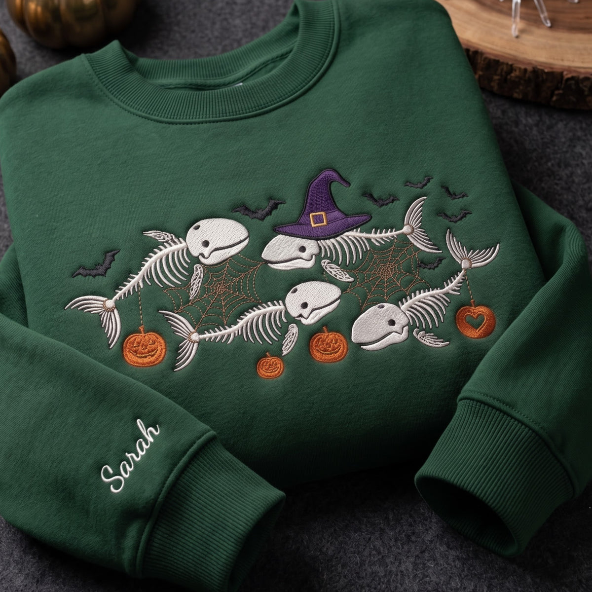 Personalized Halloween Skeleton Fish Witch Hat Pumpkin Bats Spider Web embroidered sweatshirt — front view