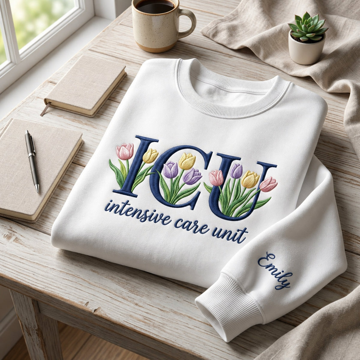 Personalized ICU Intensive Care Unit Tulip Floral Letters Sleeve Name embroidered sweatshirt — front view