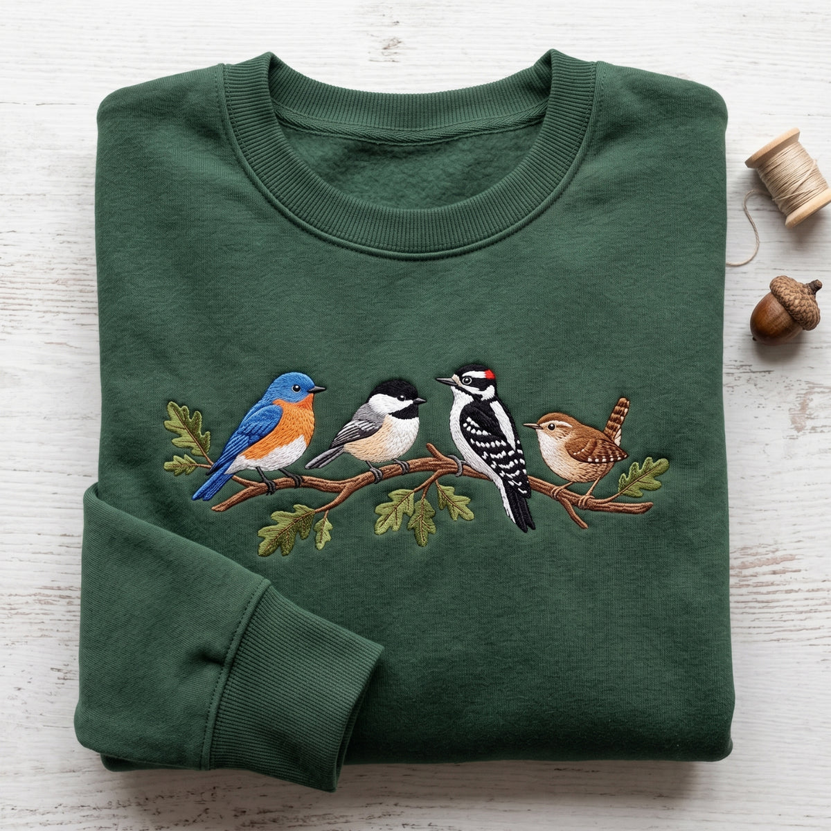 Wild Birds on Branch Bluebird Chickadee Woodpecker Wren Nature embroidered sweatshirt — front view
