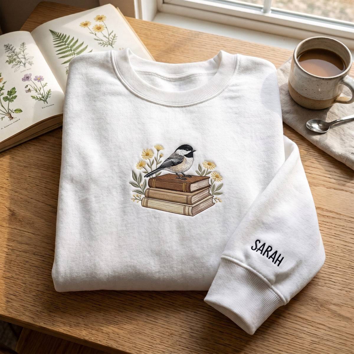 Personalized Chickadee Bird Stack of Books Wildflowers Bookworm embroidered sweatshirt — front view