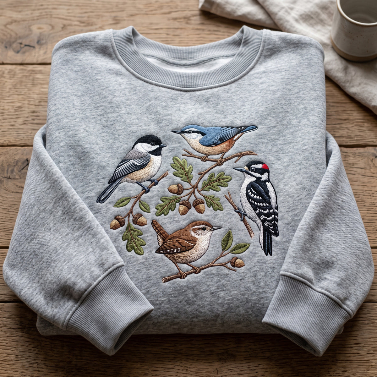 Wild Birds Chickadee Nuthatch Woodpecker Wren Oak Branch Acorns Nature embroidered sweatshirt — front view