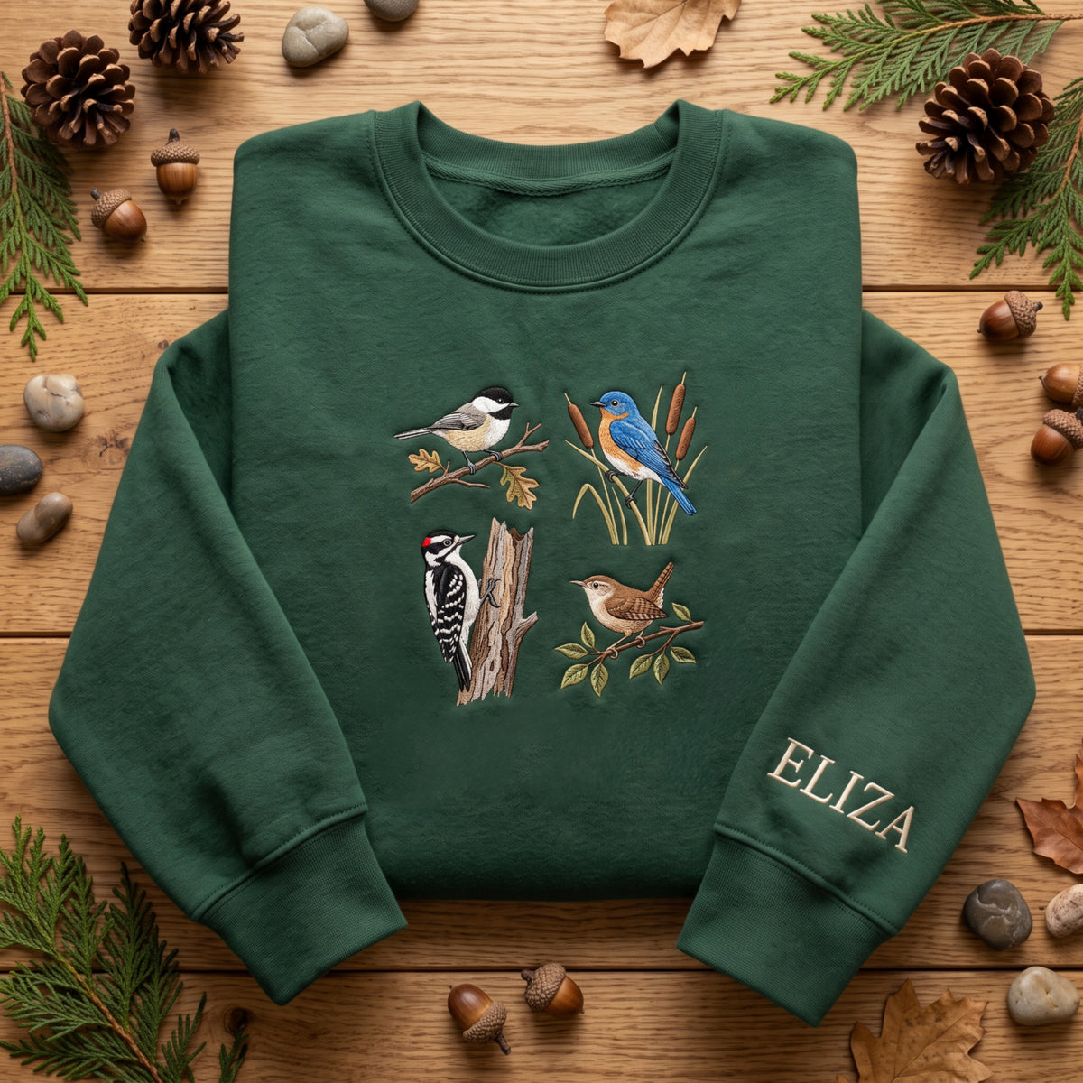 Personalized Four Wild Birds Chickadee Bluebird Woodpecker Wren Nature embroidered sweatshirt — front view