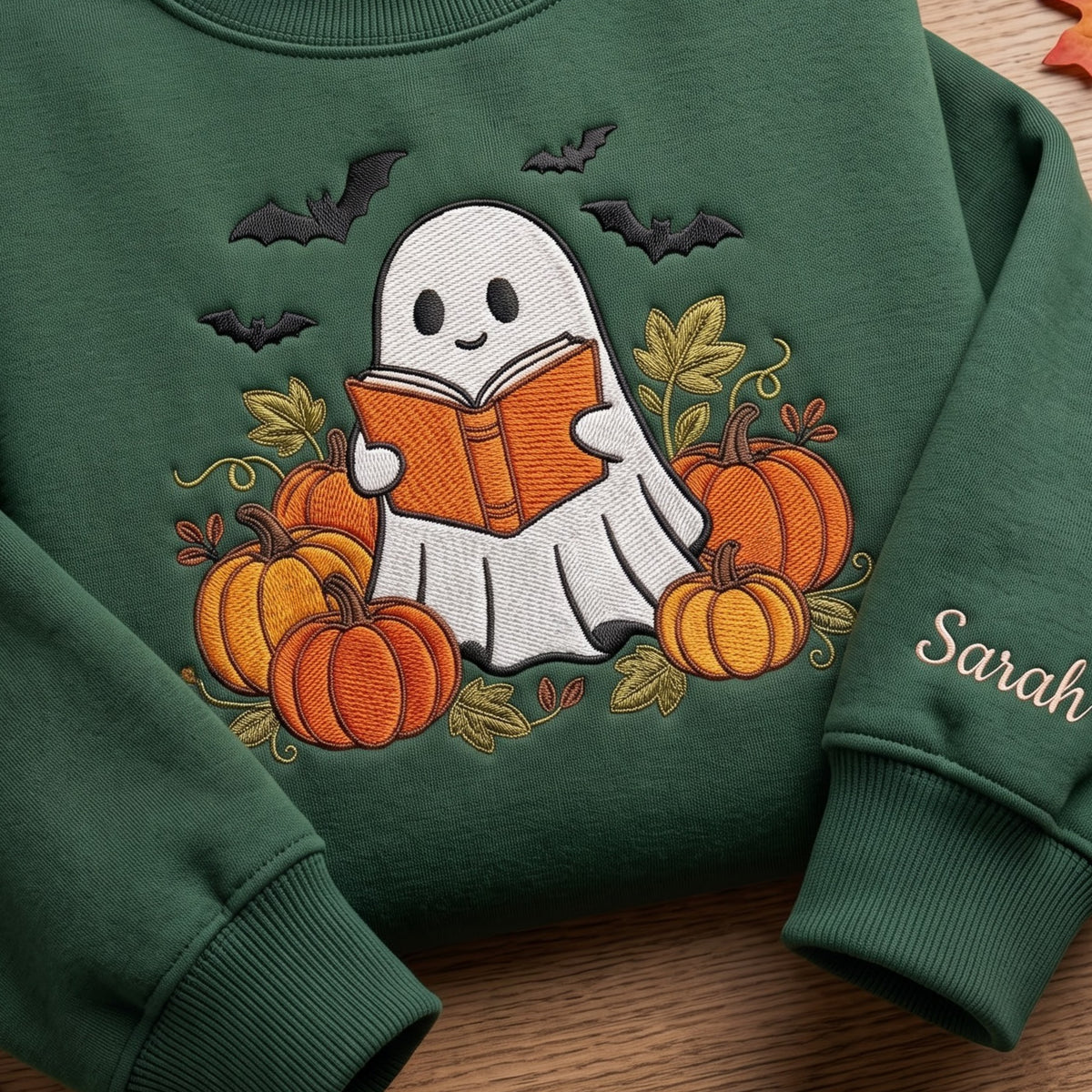 Personalized Halloween Ghost Reading Book Pumpkins Bats Fall Leaves embroidered sweatshirt — front view