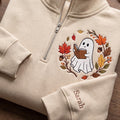 Personalized Fall Ghost Reading Book Autumn Leaves Wreath embroidered quarter-zip — front view