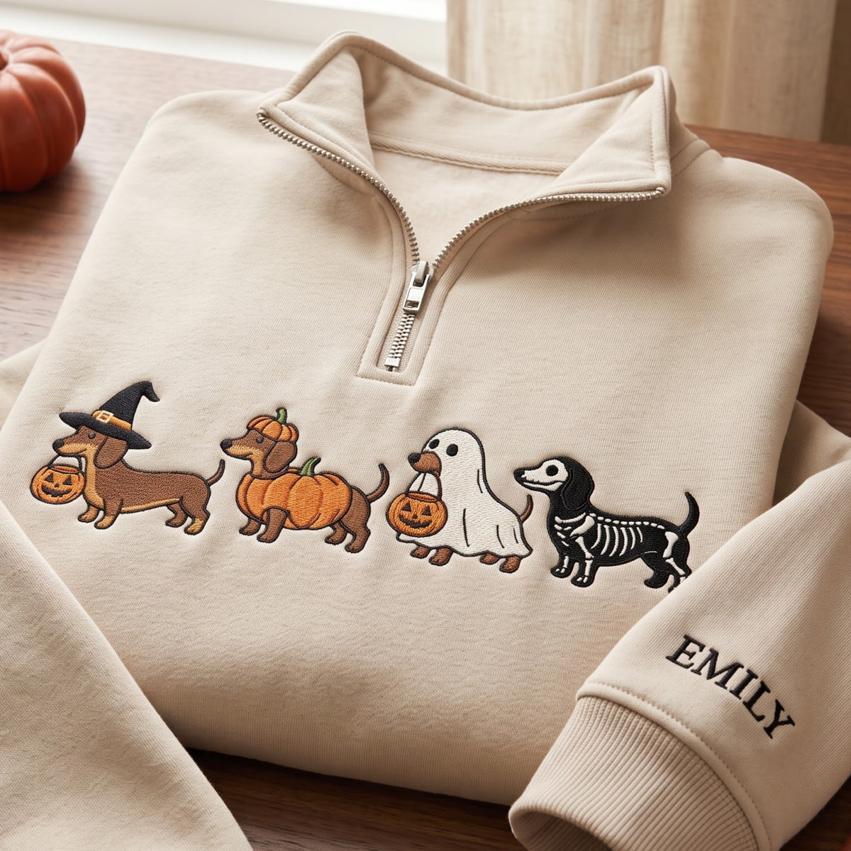 Personalized Halloween Dachshund Witch Pumpkin Ghost Skeleton Costume embroidered quarter-zip — front view