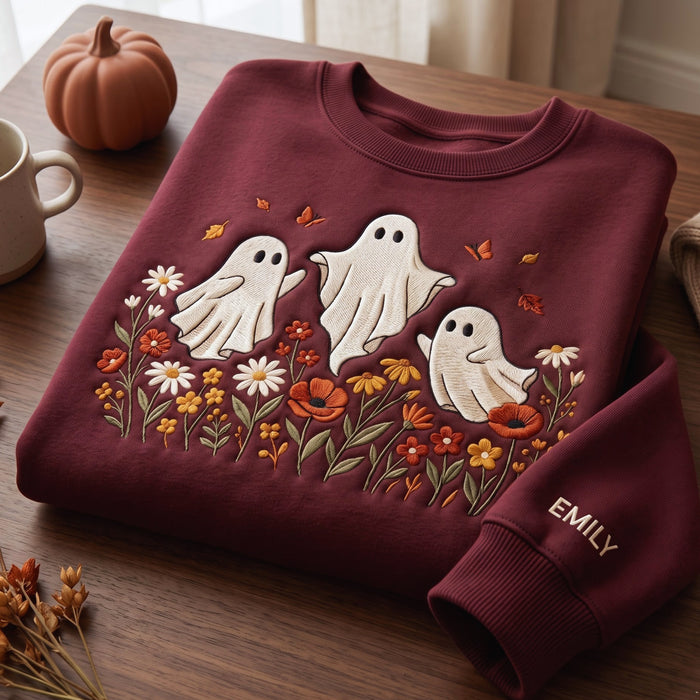 Personalized Halloween Three Ghosts Wildflowers Butterflies Embroidered Sweatshirt