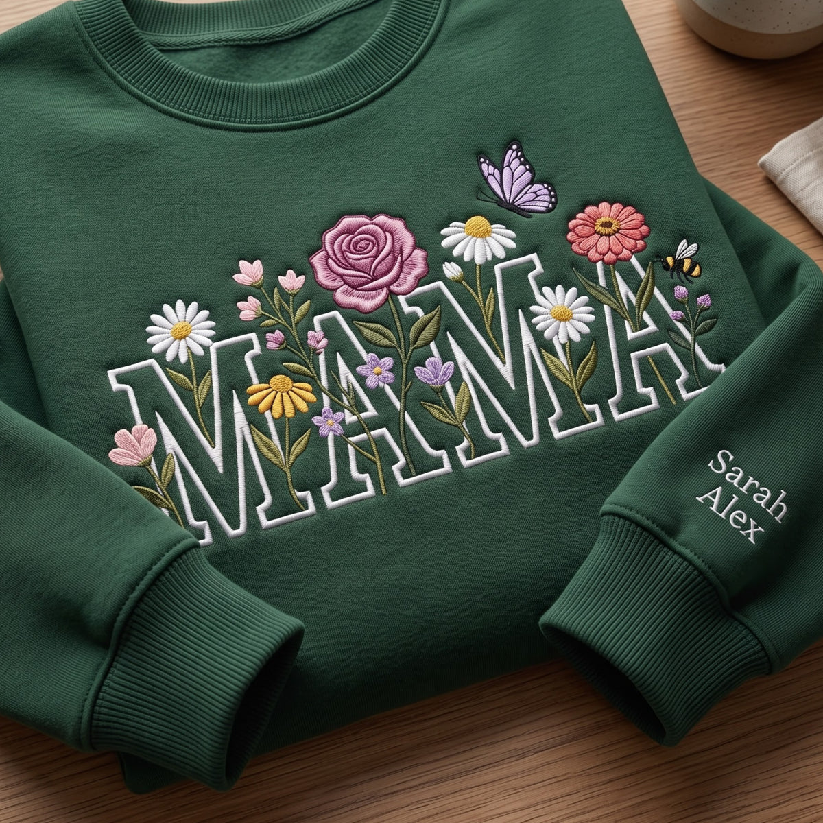Personalized Mama Wildflower Garden Butterfly Bee Sleeve Names embroidered sweatshirt — front view