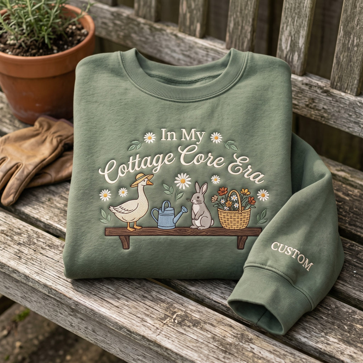 Personalized in My Cottage Core Era Duck Rabbit Garden Flowers embroidered sweatshirt — front view