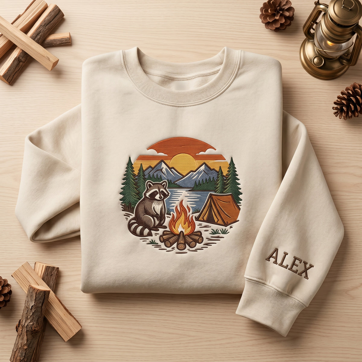 Personalized Raccoon Campfire Mountain Lake Sunset Camping embroidered sweatshirt — front view
