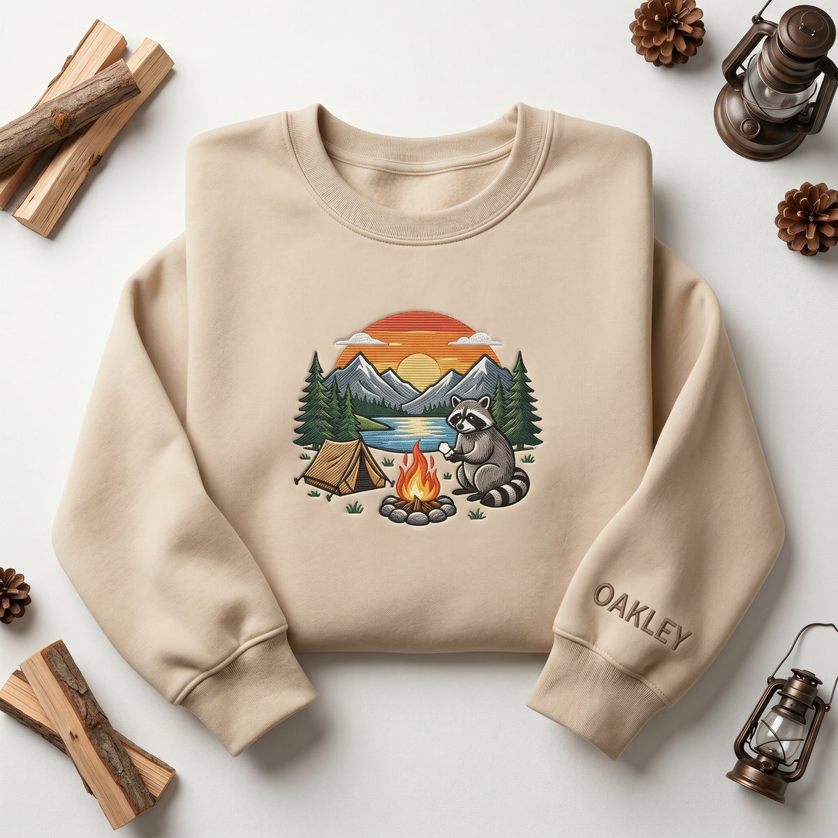 Personalized Raccoon Campfire Mountain Sunset Camping embroidered sweatshirt — front view